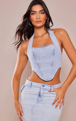 Light Blue Wash Denim Dip Hem Halterneck Top
