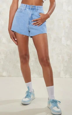 Light Blue Wash Denim Raw Hem Hot Pants