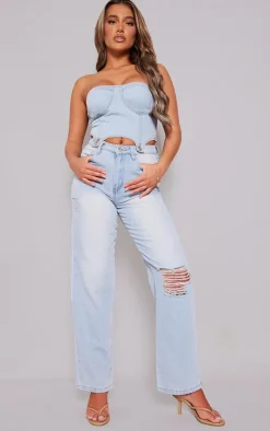 Light Blue Wash Detachable Bandeau Denim Jumpsuit
