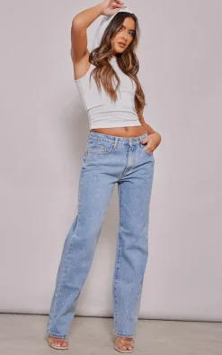 Light Blue Wash Diamante Straight Leg Jeans
