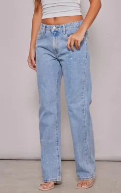 Light Blue Wash Diamante Straight Leg Jeans