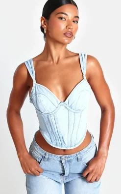 Light Blue Wash Dip Hem Bust Cup Denim Corset