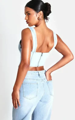 Light Blue Wash Dip Hem Bust Cup Denim Corset