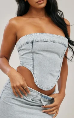 Light Blue Wash Dipped Hem Bandeau Denim Top