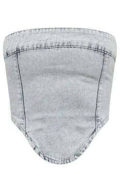 Light Blue Wash Dipped Hem Bandeau Denim Top