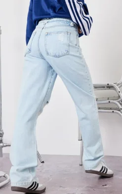 Light Blue Wash Distressed Straight Leg Jeans