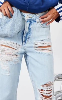 Light Blue Wash Distressed Straight Leg Jeans