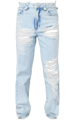 Light Blue Wash Distressed Straight Leg Jeans