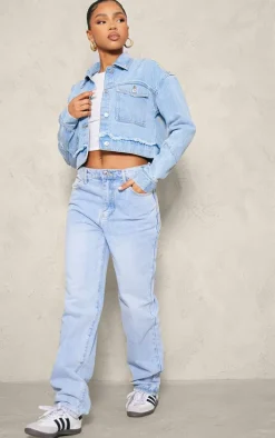 Light Blue Wash Distressed Flower Detail Denim Jacket