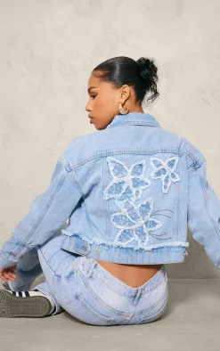 Light Blue Wash Distressed Flower Detail Denim Jacket