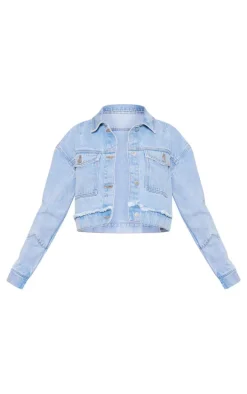 Light Blue Wash Distressed Flower Detail Denim Jacket
