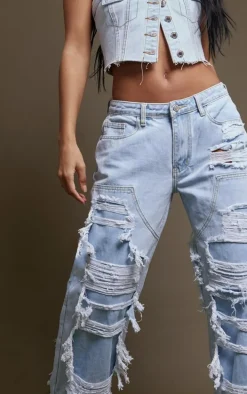 Light Blue Wash Extreme Distress Wide Leg Jeans