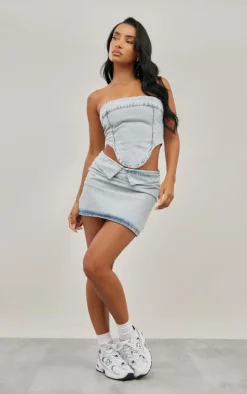 Light Blue Wash Foldover Waistband Denim Mini Skirt