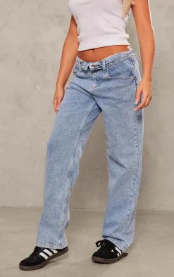 Light Blue Wash Foldover Waistband Denim Jeans