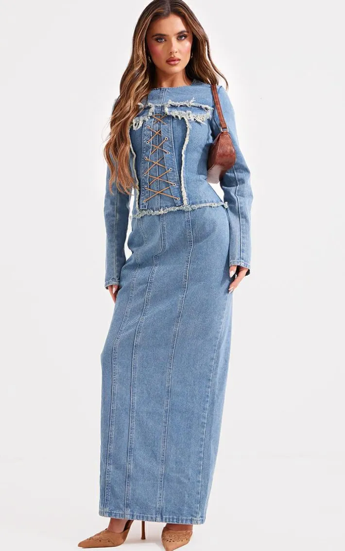 Light Blue Wash Freyed Pannel Detail Lace Up Maxi Denim Dress