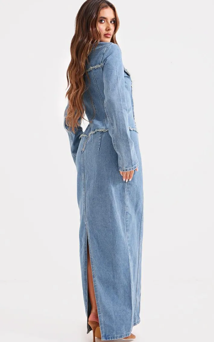 Light Blue Wash Freyed Pannel Detail Lace Up Maxi Denim Dress