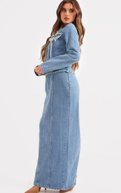 Light Blue Wash Freyed Pannel Detail Lace Up Maxi Denim Dress