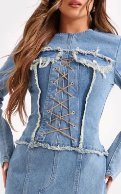 Light Blue Wash Freyed Pannel Detail Lace Up Maxi Denim Dress