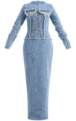 Light Blue Wash Freyed Pannel Detail Lace Up Maxi Denim Dress