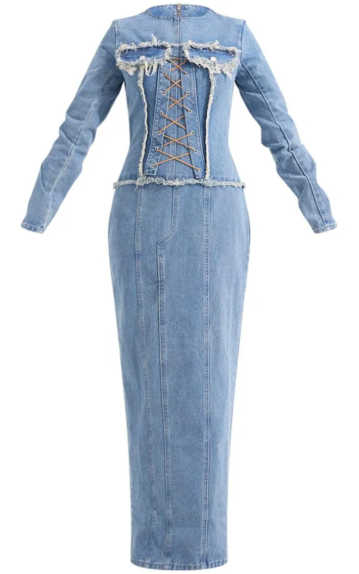 Light Blue Wash Freyed Pannel Detail Lace Up Maxi Denim Dress