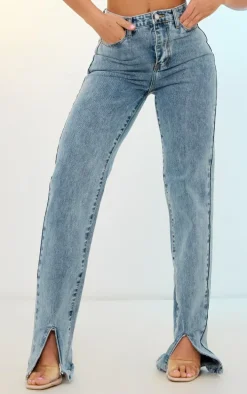 Light Blue Wash Front Split Long Leg Straight Jeans