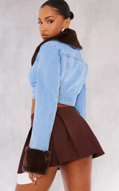 Light Blue Wash Fur Trim Cropped Denim Jacket