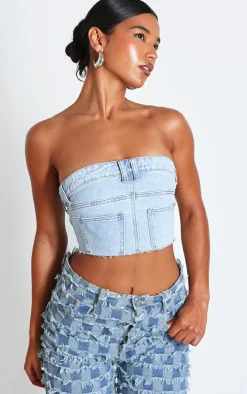 Light Blue Wash Jean Detail Cropped Bandeau Denim Top