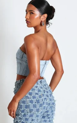 Light Blue Wash Jean Detail Cropped Bandeau Denim Top