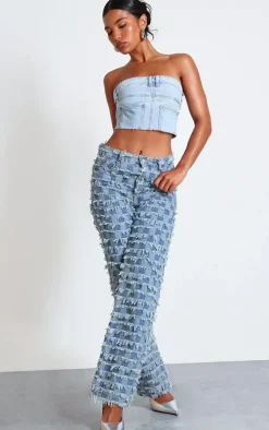 Light Blue Wash Jean Detail Cropped Bandeau Denim Top