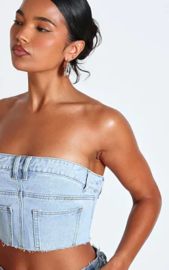 Light Blue Wash Jean Detail Cropped Bandeau Denim Top