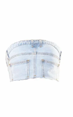 Light Blue Wash Jean Detail Cropped Bandeau Denim Top