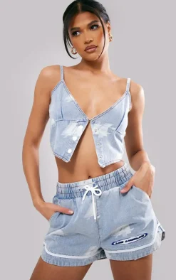 Light Blue Wash LA Printed Button Detail Denim Top