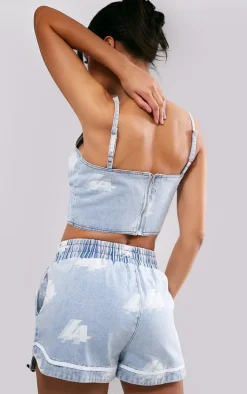 Light Blue Wash LA Printed Button Detail Denim Top