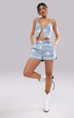 Light Blue Wash LA Printed Button Detail Denim Top