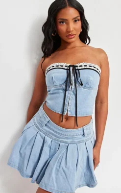 Light Blue Wash Lace Detail Denim Bandeau Crop Top