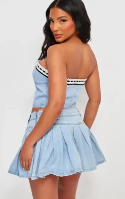 Light Blue Wash Lace Detail Denim Bandeau Crop Top