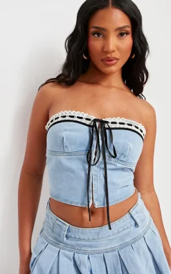 Light Blue Wash Lace Detail Denim Bandeau Crop Top