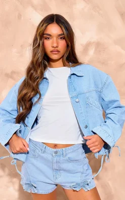 Light Blue Wash Lace Up Bow Detail Cropped Denim Jacket