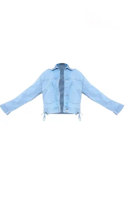 Light Blue Wash Lace Up Bow Detail Cropped Denim Jacket