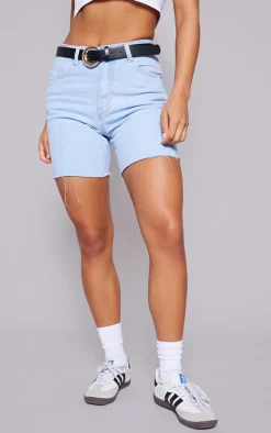 Light Blue Wash Longline Fitted Denim Shorts