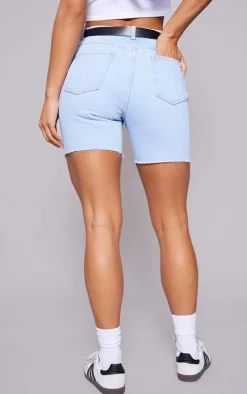 Light Blue Wash Longline Fitted Denim Shorts