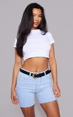 Light Blue Wash Longline Fitted Denim Shorts