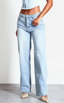 Light Blue Wash Mid Rise Straight Leg Jeans