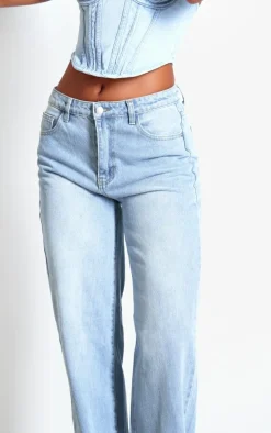 Light Blue Wash Mid Rise Straight Leg Jeans
