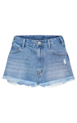 Light Blue Wash Pocket Detail Distressed Hem Ultra Mini Denim Skirt