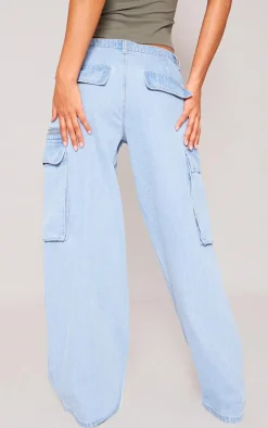 Light Blue Wash Pocket Zip Detail Wide Leg Jeans
