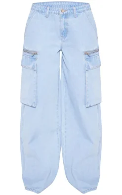 Light Blue Wash Pocket Zip Detail Wide Leg Jeans