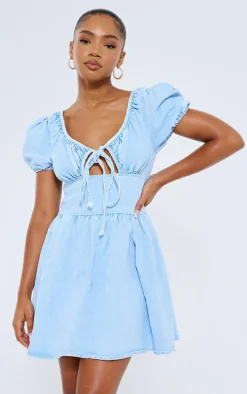 Light Blue Wash Puff Sleeve Fitted Waist Denim Dress