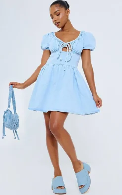 Light Blue Wash Puff Sleeve Fitted Waist Denim Dress