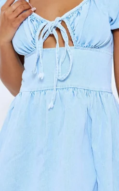 Light Blue Wash Puff Sleeve Fitted Waist Denim Dress